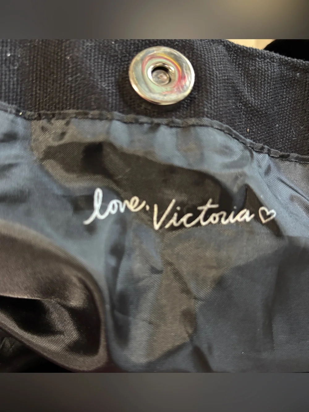 Victoria's Secret Black Canvas Tote Bag with Iridescent Sequin Stripes